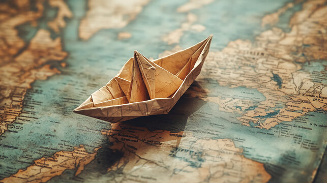 Paper boat on world map travel adventure explore journey destination vacation wanderlust planning trip idea 100