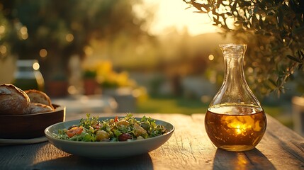 An elegant outdoor dining scene with a small carafe of olive oil on a wooden table, next to a bowl of salad and fresh bread, blurred background of olive trees and golden sunset glow.