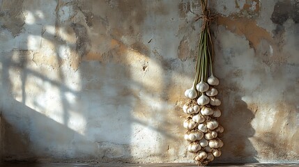 An elegant product shot of a garlic braid hanging against a textured farmhouse wall with soft top lighting, shadows adding depth and a rustic Mediterranean feel. Created Using: studio photography,