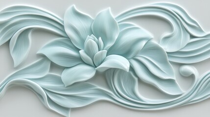 Blue flower with green leaves is the main focus of the image. The flower is surrounded by a blue and white design, which gives the impression of a delicate and elegant piece of art