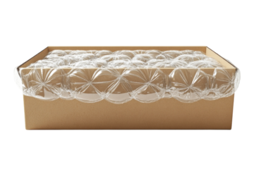 Securely packed cardboard box filled with bubble wrap for safe shipping on transparent background