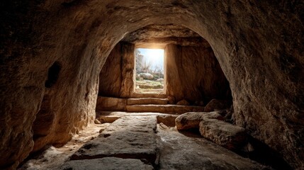 Exploring Ancient Stone Cave Tunnel with Sunlight and Steps to Exit