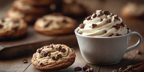 Delicious cookies and chocolate chip whipped cream served on rustic wooden table