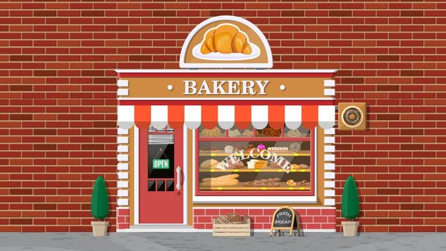 Flat Design Bakery Building Facade Animation Entrance Scene