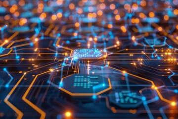 An abstract technology background with a network of glowing blue hexagons and electronic circuitry elements