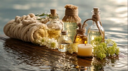 Obraz premium Spa Essential Oils and Candle on Water Surface for Relaxation