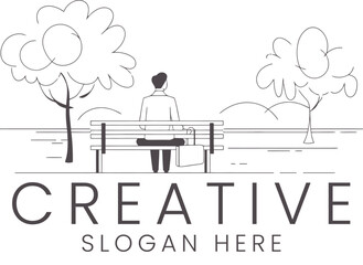 Relaxing Man Sitting Park Bench Peaceful Trees Nature calm rest line logo grey alone clean