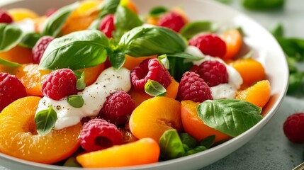 A white table supports a white bowl, which holds a variety of fruit and is adorned with a leafy green garnish on top