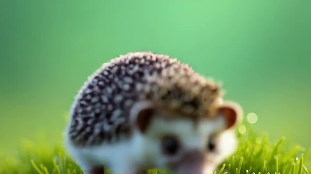 A hedgehog exploring lush green grass in a serene outdoor setting, showcasing nature's beauty