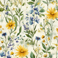 Obraz premium Beautiful floral pattern featuring vibrant yellow daisies, blue flowers, and lush green leaves, creating cheerful and fresh atmosphere perfect for home decor or fabric design