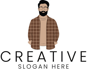 Stylish Bearded Man Brown Plaid Shirt Modern Design art logo male flat icon cool grid     