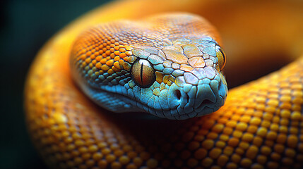 Fototapeta premium A vibrant close-up of a snake, showcasing its colorful scales and striking features, emphasizing the intricate patterns and textures.