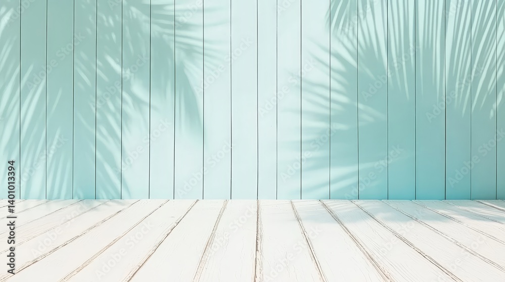 Aufkleber blue wall with a white wooden floor and a palm tree in the background. the palm tree casts a shadow 