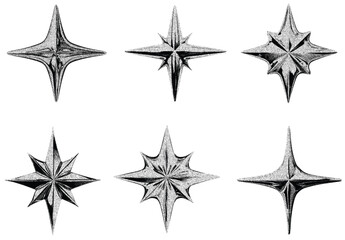 3d star shape collection  with stipple dots photocopy effect. Abstract retro y2k geometric futuristic icons in gritty gradient texture.	