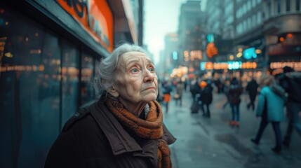 Fototapeta premium Elderly woman looking upward on city street. A pensive senior lady gazes thoughtfully upward, amidst a bustling city street. 