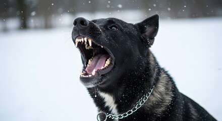 AI image Aggressive black dog with chain collar barking fiercely, showing sharp teeth amidst falling snow in a winter landscape.