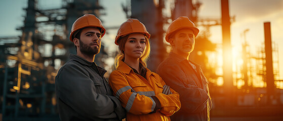 Naklejka premium Oil refinery workers engineers team safety construction industrial plant