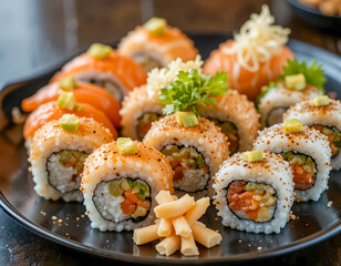 Close-up of assorted sushi rolls with salmon, tuna, and vegetables, garnished with wasabi and pickled ginger, served on a black slate plate