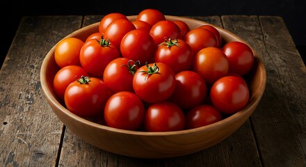 Ripe Red Tomatoes in a Wooden Bowl on Dark Wooden Table