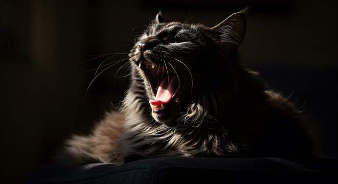 AI image Dramatic portrait of a fluffy long-haired black cat yawning widely, showing teeth and tongue, highlighted by dramatic lighting.