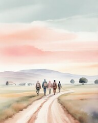 Fototapeta premium Soft pastel illustration of refugees walking through a landscape — minimal flat design with watercolor texture and emotional impact
