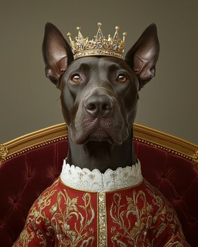 Royal pet dog portrait royalty. Noble Great Dane Portrait Dressed in Embroidery with Royal Crown