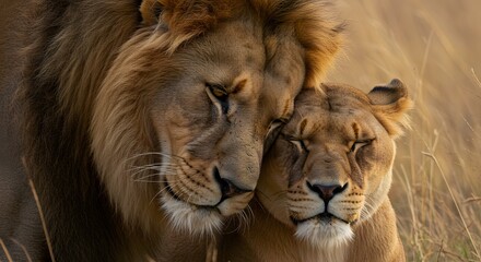 Fototapeta premium AI image Affectionate lion and lioness nuzzling heads closely together with eyes closed peacefully in golden savanna grass during sunset/sunrise.