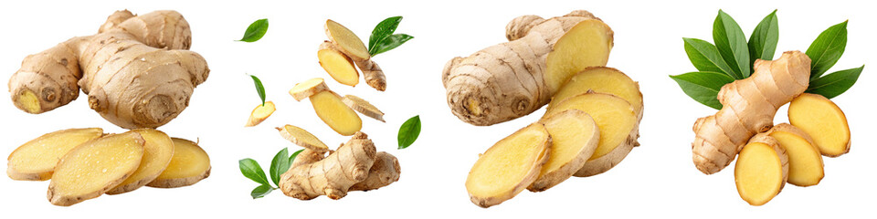 Fototapeta premium Sliced Ginger Root with Fresh Leaves PNG Isolated Transparent Background.