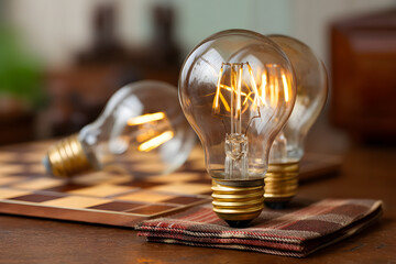 Elegant vintage light bulbs on wooden table, warm glow illuminating cozy atmosphere, perfect for interior design inspiration.