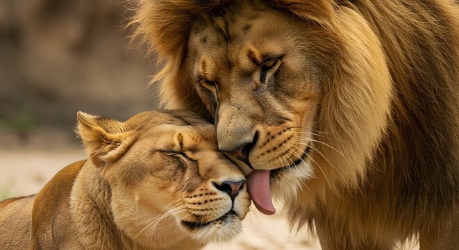 AI image Tender moment as a majestic male lion affectionately licks and nuzzles a lioness, showing love in the wild outdoors.