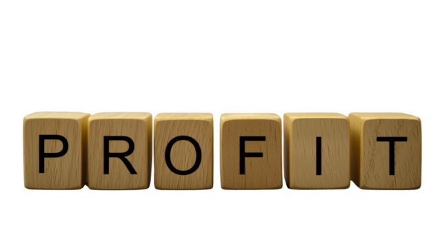 Profit on wooden block transparent no bg for business and return concept.