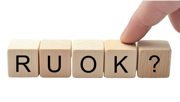 R U OK wooden block die cut PNG for mental health and check up.