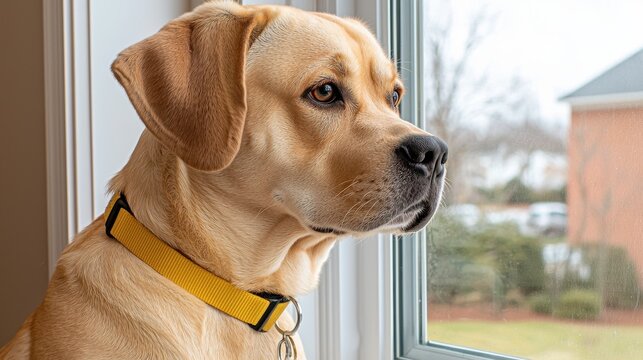 A sweet yellow Labrador Retriever dog sits by a window wea a yellow collar looking thoughtfully outside at a blurry background.
