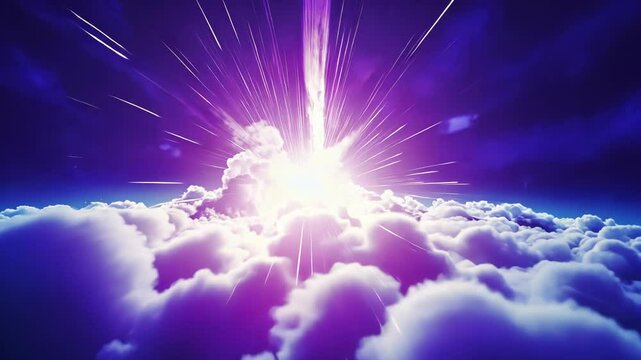 Dramatic purple light beam shining down through bright white clouds with radial light rays emanating from point of origin.