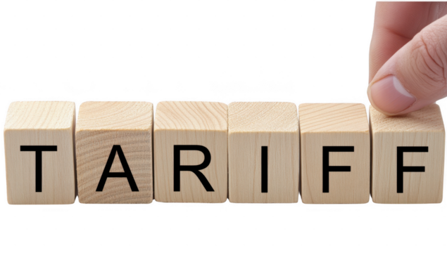 Tariff word wooden block PNG die cut for trade war and tax purpose.
