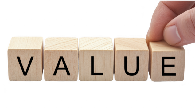 Price and investment concept, Value cube wooden block transparent.