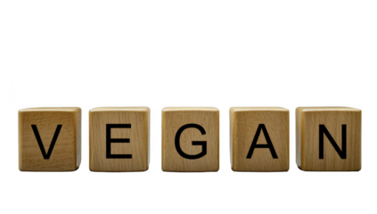 Vegan wooden block die cut no background in healthy and diet concept.