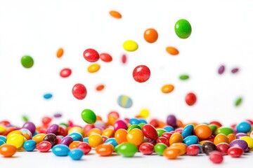 Obraz premium A vibrant assortment of colorful candies falling and scattered on a clean white surface background