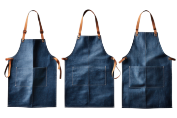 Three stylish denim aprons with leather straps against a black backdrop perfect for chefs baristas or home cooks Deep