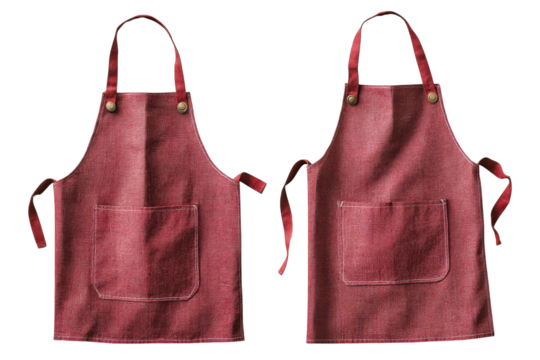 Two classic red aprons with pockets hanging against a black background Stylish kitchen or cooking apparel