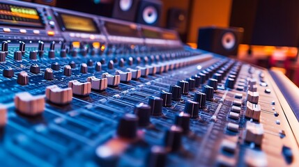 Fototapeta premium A well-organized music recording studio with professional equipment, Instruments and recording gear set up for creativity, Classic photo of