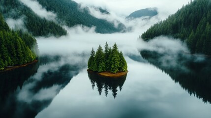 calm lake surrounded by fog, surface reflecting faint outlines of nearby trees landscape