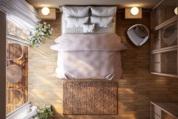 Top view of modern contemporary style bedroom with nature view 3d render, Wooden floor open doors to terrace