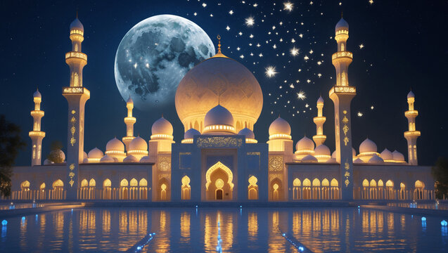 A majestic mosque bathed in moonlight and starlight, a serene and spiritual scene under a vast night sky reflecting in still waters.