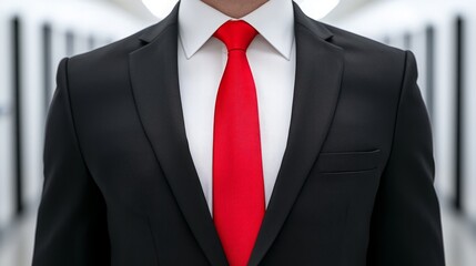 Conflict office diversity. A well-dressed individual in a black suit and red tie stands confidently in a sleek, modern corridor.