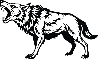 Obraz premium Black Silhouette of Aggressive Howling Wolf with Sharp Teeth on White Background