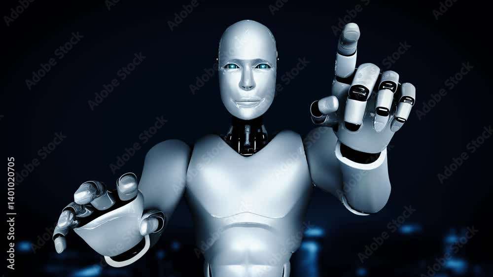 Poster ai hominoid robot touching hologram screen shows concept of global communication network using artif