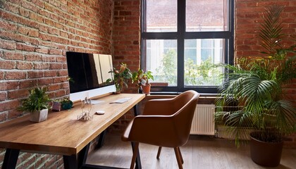 a cozy workspace featuring a brown chair wooden desk and lush plant against a textured brick wall illuminated by natural light from a large window
