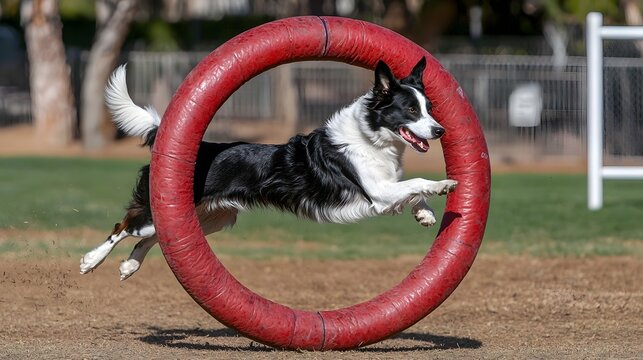 Energetic Border Collie Dog Jumping High Through Red Agility Hoop in Open Grassy Field with Trees in the Background  Showcasing the Impressive Athleticism and Agility of this Breed