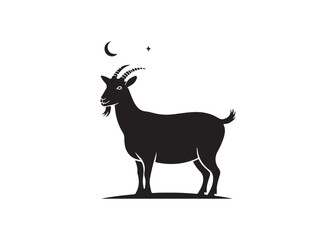 Silhouette of a goat at night, featuring a crescent moon and stars.